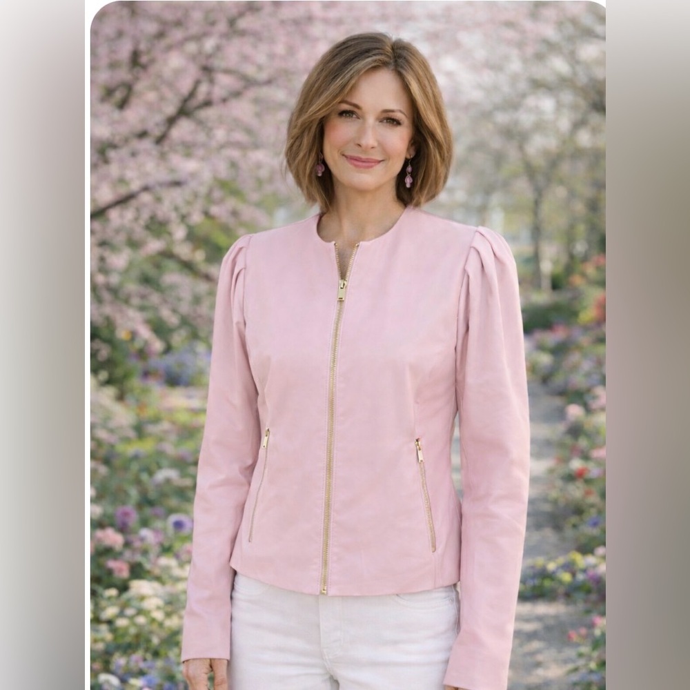 Ryegrass Pastel Pink Blush Gold Zippers  
Feminine Leather Blazer Jacket Size L
